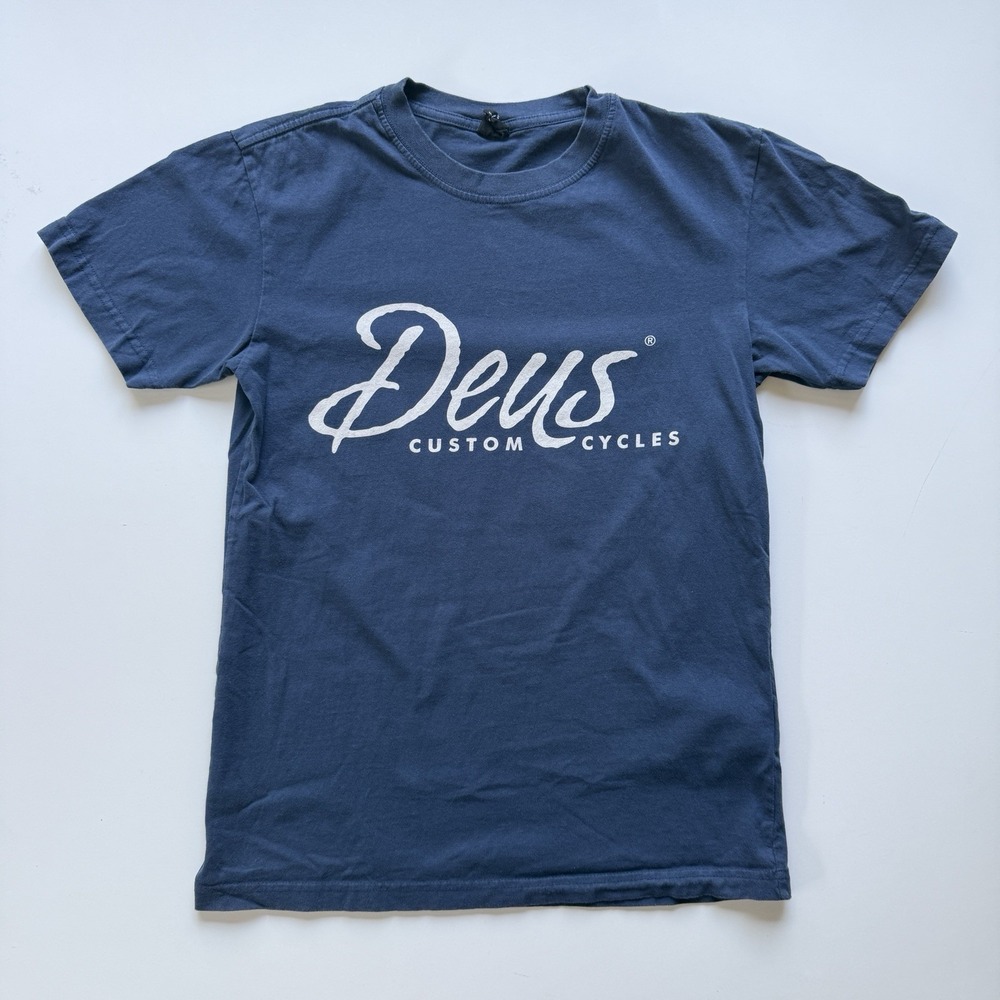 DEUS EX MACHINA Short Sleeve Custom Cycles T-Shirt Mens XS Blue Moto Bikes‎